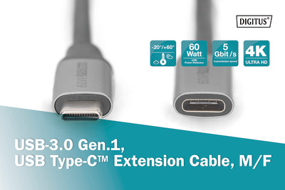 DIGITUS USB-3.0 Gen.1, USB Type -C Verlängerungskabel; M/F, 1m