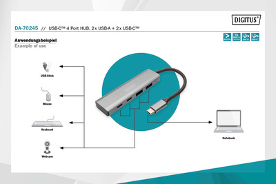 DIGITUS USB-C 4 Port HUB, 2x USB A + 2x USB-C