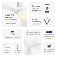Hombli smarter Deckenventilator mit Licht, White & White Wood