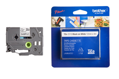 Schriftband TZe-231S (lam.) Schwarz auf Weiß 12mm x 4m