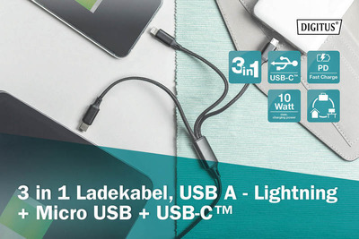 DIGITUS USB Ladekabel USB A - Lightning+micro B+Type-C 1m,
